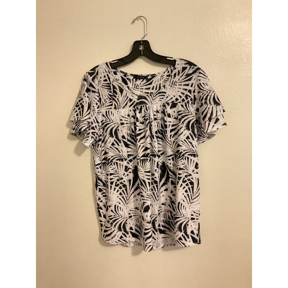 Avon Large 12 - 14 Lined Black Brown Short Sleeve‎ Eyelet Leaves Blouse Top